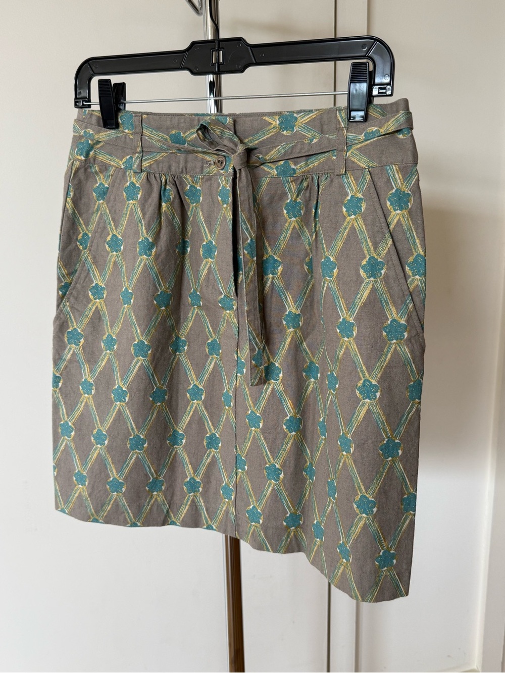 Cotélac Women's Taupe and Teal Patterned Removable Tie-Waist Skirt in Cotton